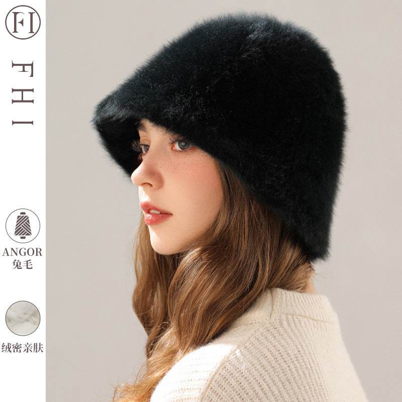 Big Head Circumference Real Rabbit Plush Hat - Milky White & Khaki - Buy Center US