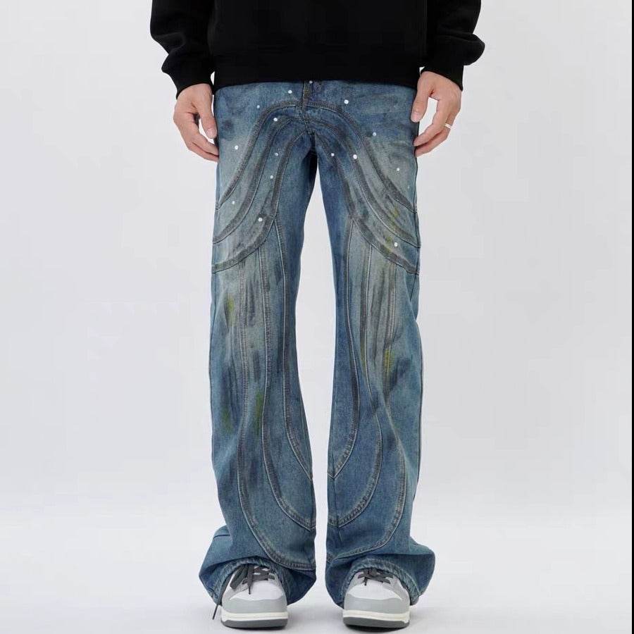 Men's Loose Design Stitching Jeans - Mid Waist Comfortable Denim - Buy Center US