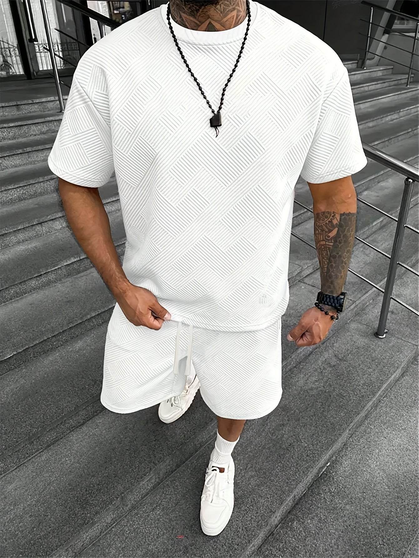Men's Summer Houndstooth Knitted T-Shirt & Shorts Set - Casual Sports Outfit - Buy Center US