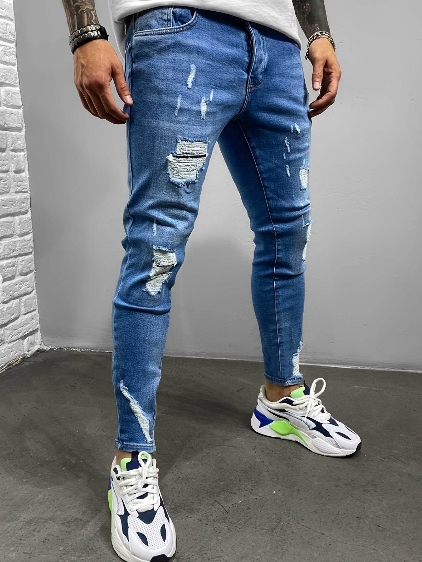 Men's Slim-Fit Denim Jeans - Ripped Knee, Casual Streetwear Style - Buy Center US