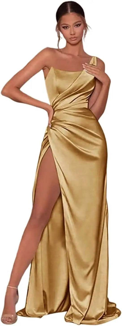 Elegant Gold One Shoulder Satin Prom Dress - Ruched & Backless - Buy Center US