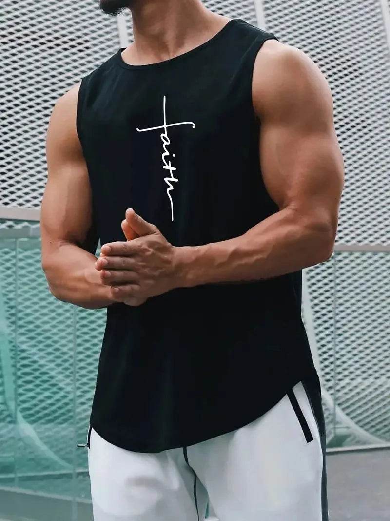 Men's Round Neck Tank Top - Simple Letter Print, Sleeveless Fitness Style - Buy Center US