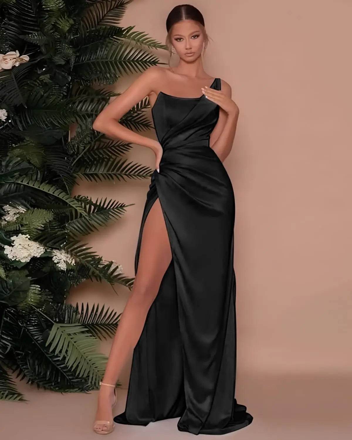 Elegant Gold One Shoulder Satin Prom Dress - Ruched & Backless - Buy Center US