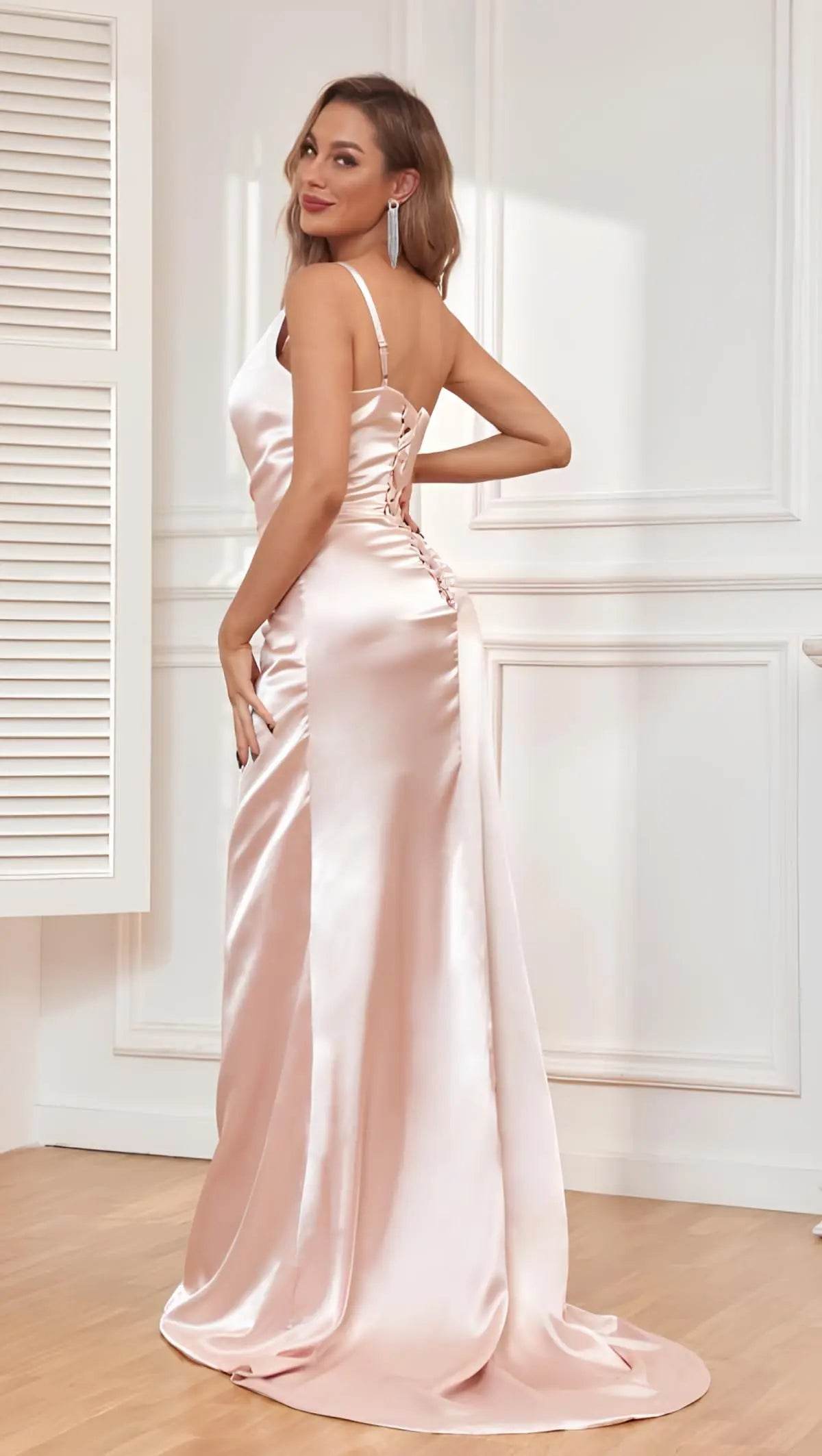 Elegant Gold One Shoulder Satin Prom Dress - Ruched & Backless - Buy Center US