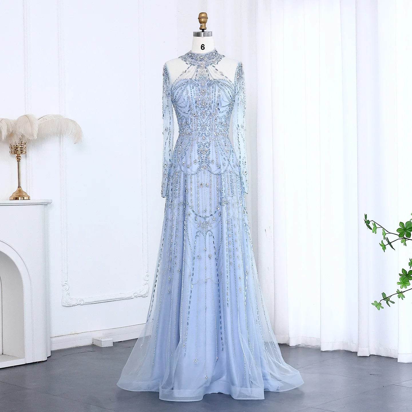 Sharon Said Blue High Neck Evening Dress - Luxury Formal Gown - Buy Center US