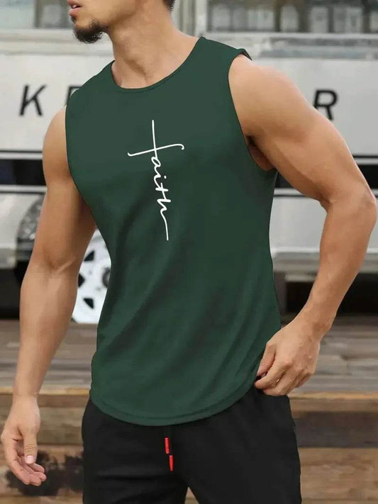 Men's Round Neck Tank Top - Simple Letter Print, Sleeveless Fitness Style - Buy Center US