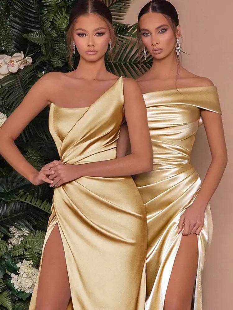 Elegant Gold One Shoulder Satin Prom Dress - Ruched & Backless - Buy Center US