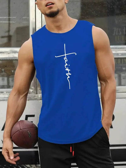 Men's Round Neck Tank Top - Simple Letter Print, Sleeveless Fitness Style - Buy Center US