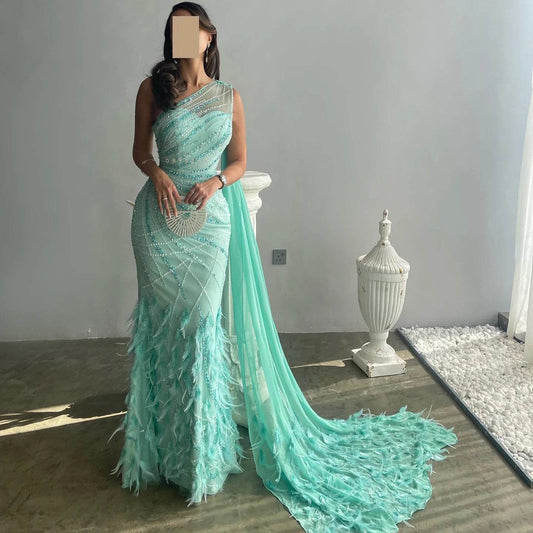 Sharon Said One-Shoulder Evening Dress - Turquoise Aqua with Cape Train - Buy Center US