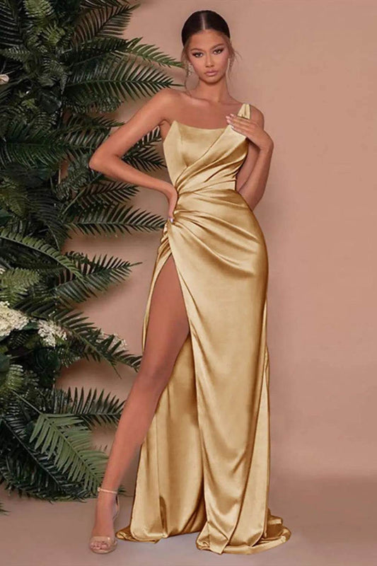 Elegant Gold One Shoulder Satin Prom Dress - Ruched & Backless - Buy Center US