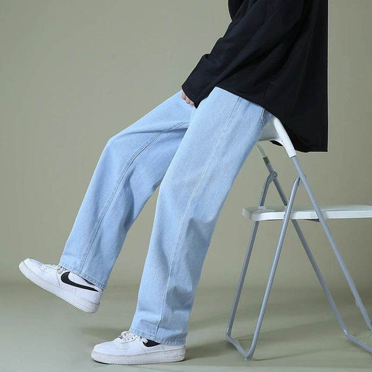 BLEASENDY Men's Wide-Leg Denim Pants - Korean Style Light Blue Jeans - Buy Center US