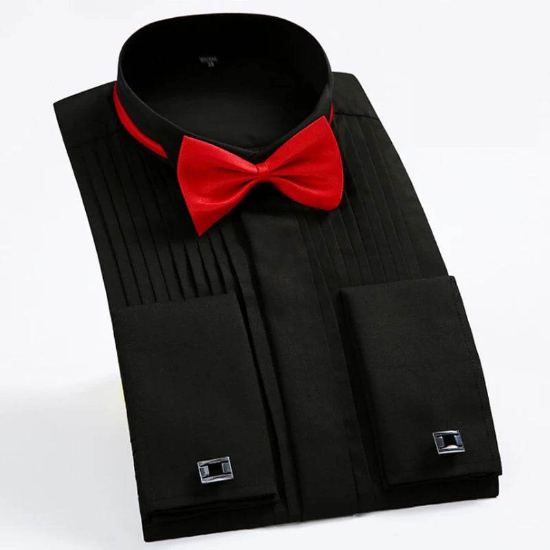 Men's Classic Tuxedo Shirt with Winged Collar & Red Black Bow Tie - Buy Center US