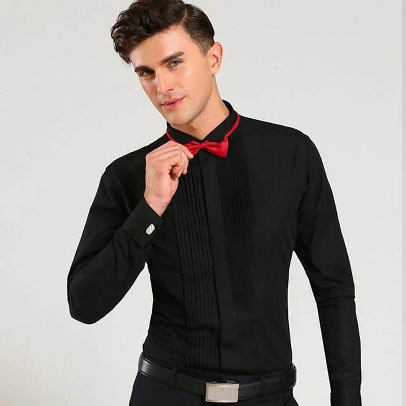 Men's Classic Tuxedo Shirt with Winged Collar & Red Black Bow Tie - Buy Center US