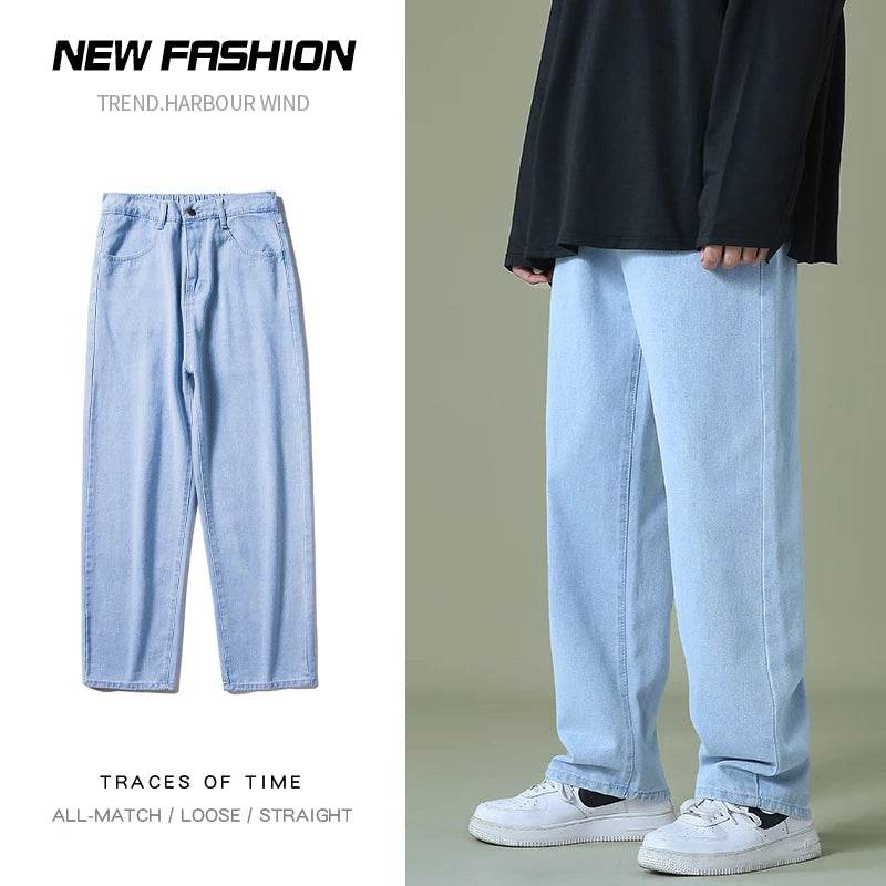 BLEASENDY Men's Wide-Leg Denim Pants - Korean Style Light Blue Jeans - Buy Center US