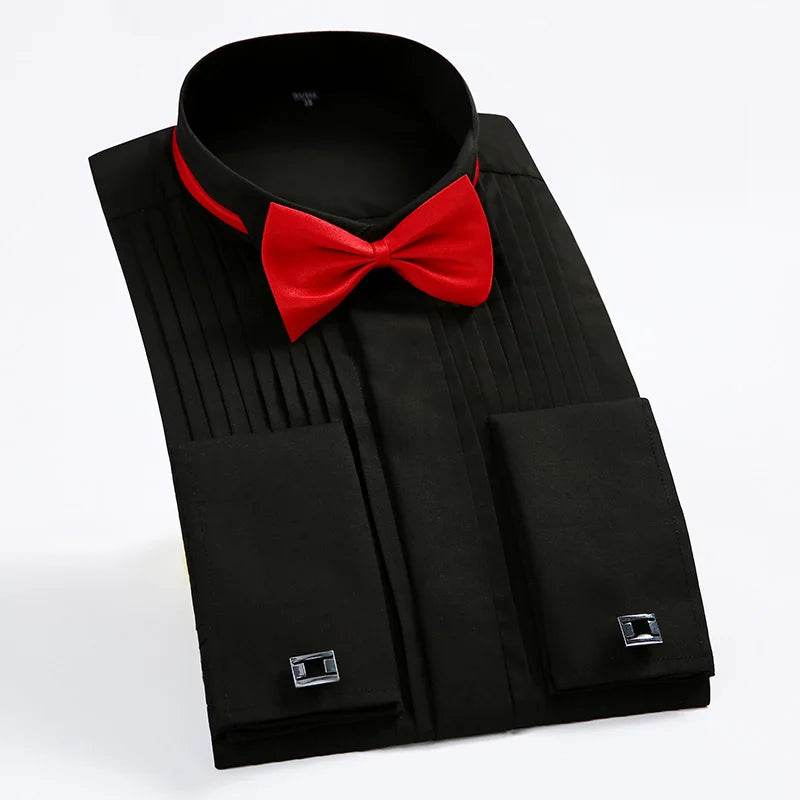 Men's Classic Tuxedo Shirt with Winged Collar & Red Black Bow Tie - Buy Center US