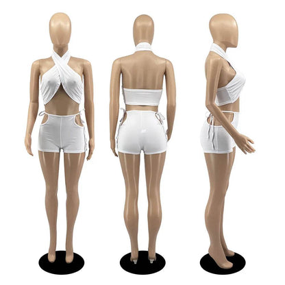 Stylish Women's Two Piece Set - Criss Cross Crop Top & Shorts - Buy Center US