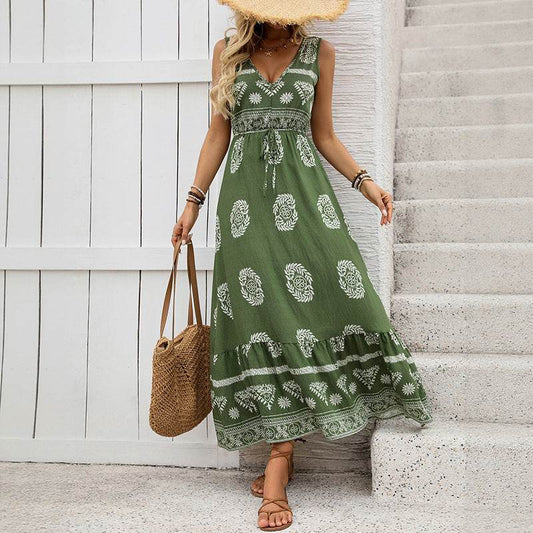 Green Ethnic Style V-Neck Dress for Women - High Waist Casual Fashion - Buy Center US