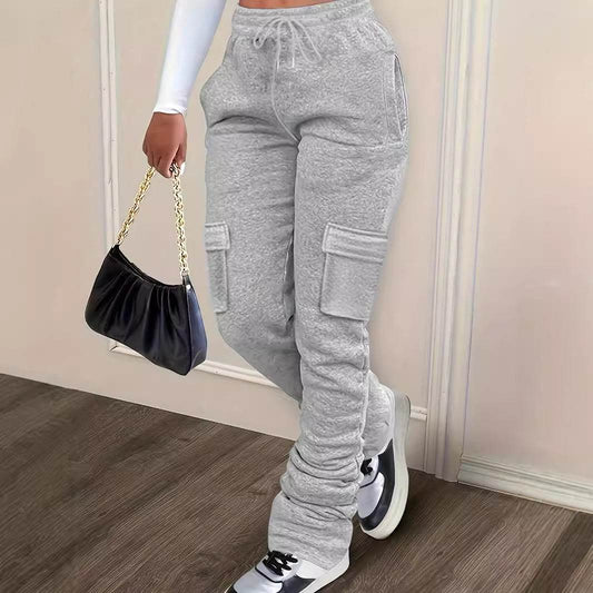 Casual Thickened Drawstring Pile Pants - Urban Style in Light Gray, Black - Buy Center US