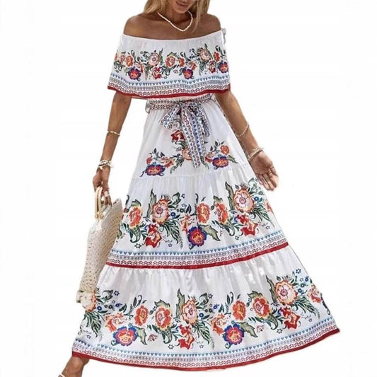 Off-Shoulder A-Line Summer Dress - Floral Print, Mid Waist Style - Buy Center US