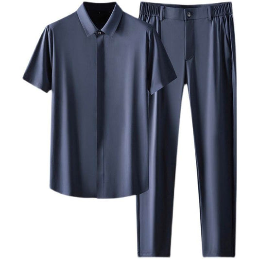 Buycenter Men's Casual Short-Sleeve Shirt Suit - Blue & Gray Trousers - Buy Center US