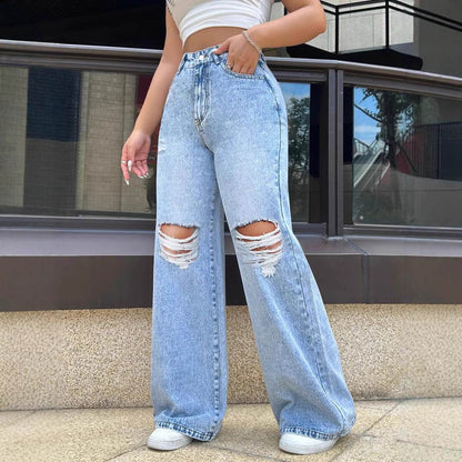 Light Blue Ripped Washed Jeans - Women's Loose Straight Wide Leg - Buy Center US