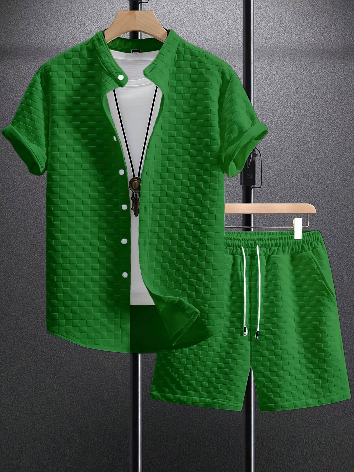 Buycenter Men's Casual Jacquard Short Sleeve Shirt & Shorts Outfit - Buy Center US