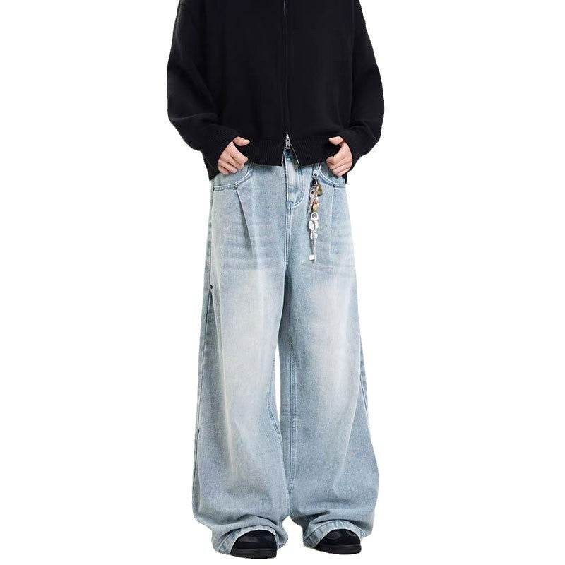 Retro Washed Blue Jeans for Men and Women - Mid Waist, Straight Fit - Buy Center US