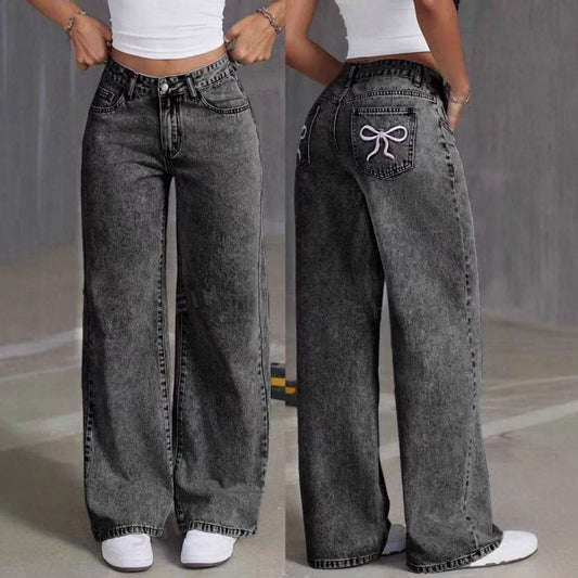 High Waist Embroidered Jeans for Women - Casual Loose Trousers - Buy Center US