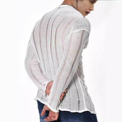 Men's Long Sleeve Loose Sweater - All-Matching Pullover in White & Light Brown - Buy Center US