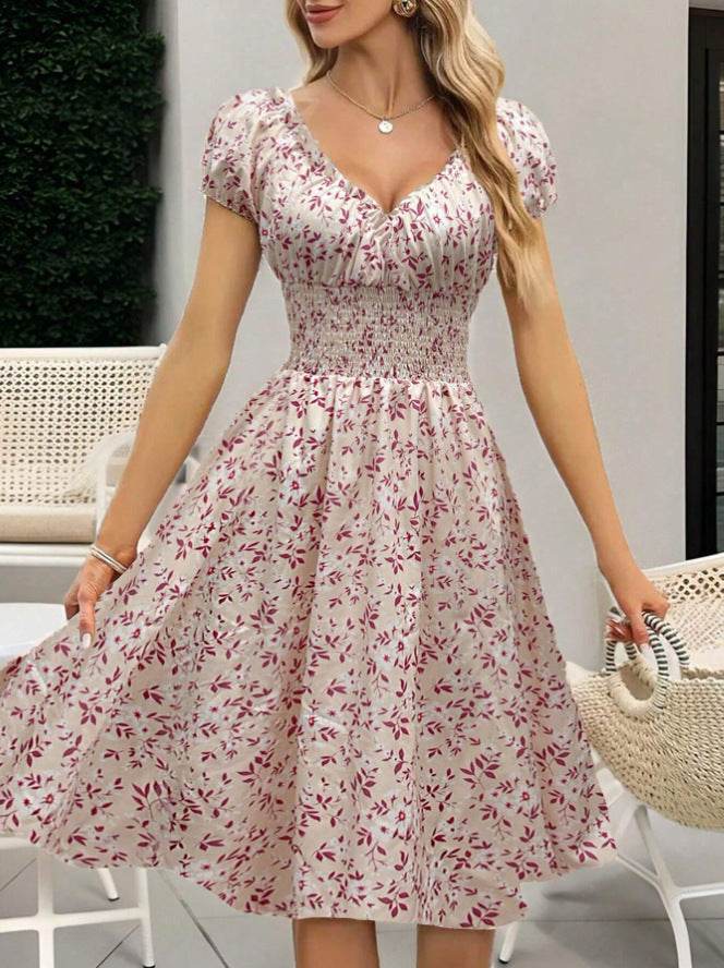 Vintage Floral Puff Sleeve Dress - Elegant A-Line Style in Khaki, Pink, Emerald - Buy Center US