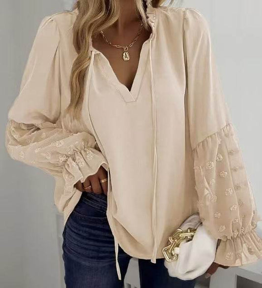 Solid Color Jacquard Long-Sleeved Shirt - Puff Sleeve Patchwork Top - Buy Center US