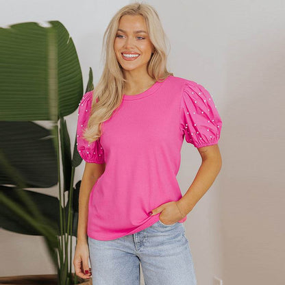 Solid Color Round Neck Pullover for Women - Casual Beaded Style - Buy Center US