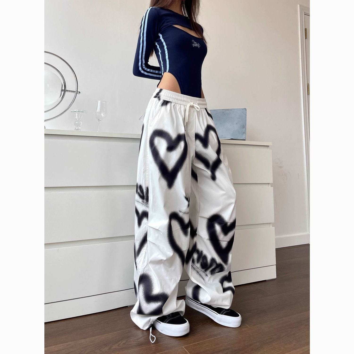 Hip Hop Heart Wide Leg Pants - Elastic Waist Drawstring for Women - Buy Center US