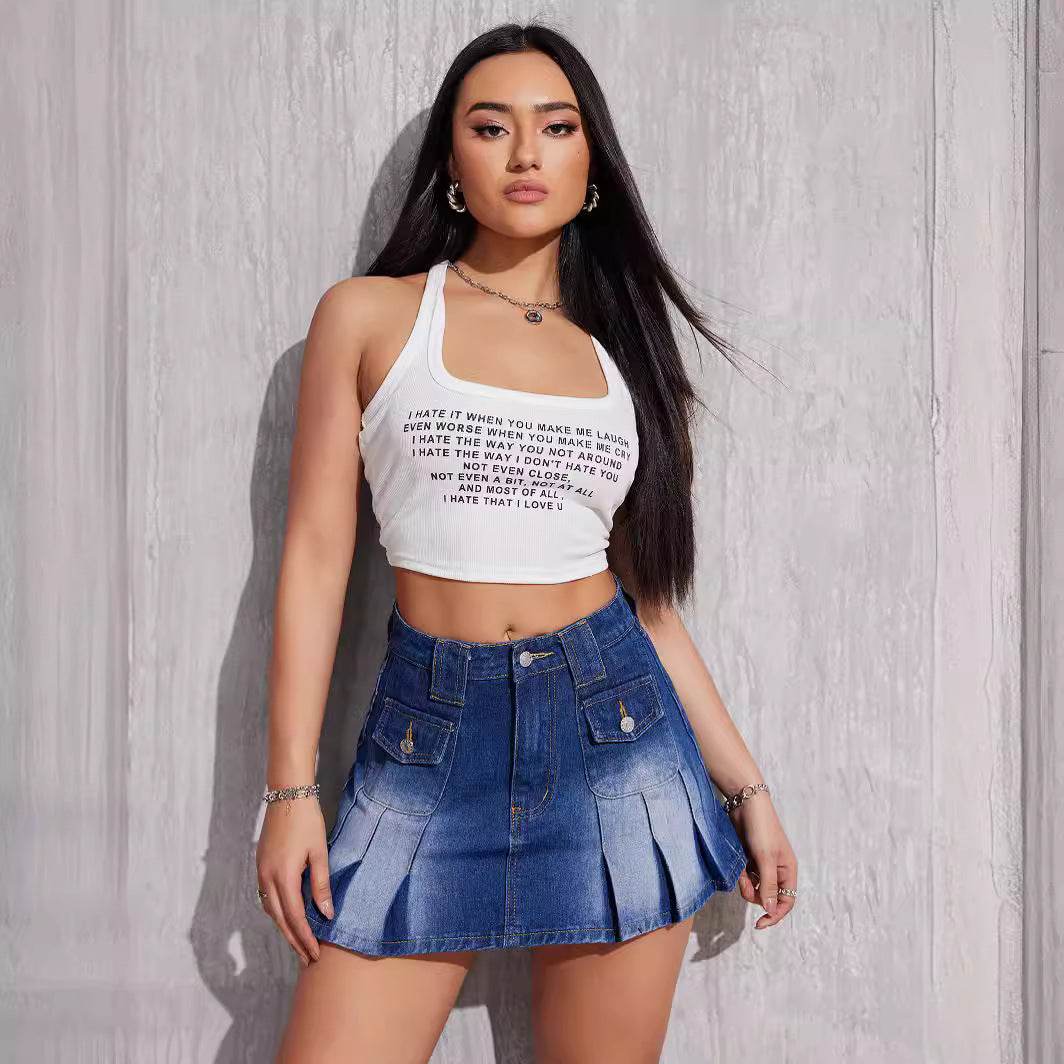 Fashionable All-Match Pleated Denim Skirt - Non-Stretch Cotton Blue - Buy Center US