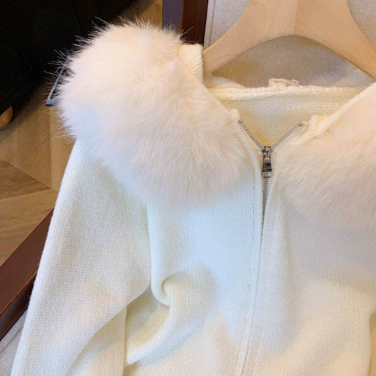 Double Zipper Hooded Knit Cardigan - Chic Fur Collar Design in Khaki & White - Buy Center US