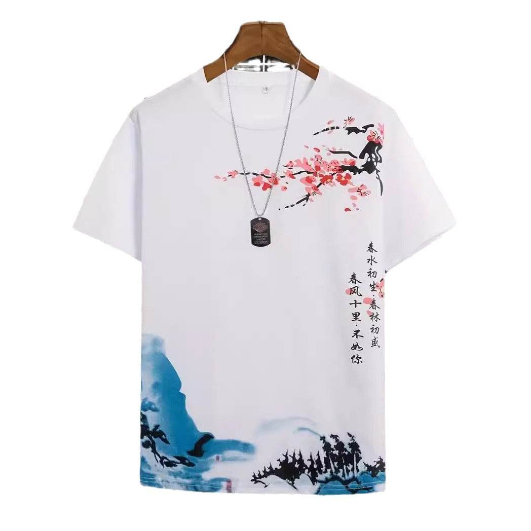 Men's Round Neck Cotton T-Shirt - Digital Floral Print, Short Sleeves - Buy Center US