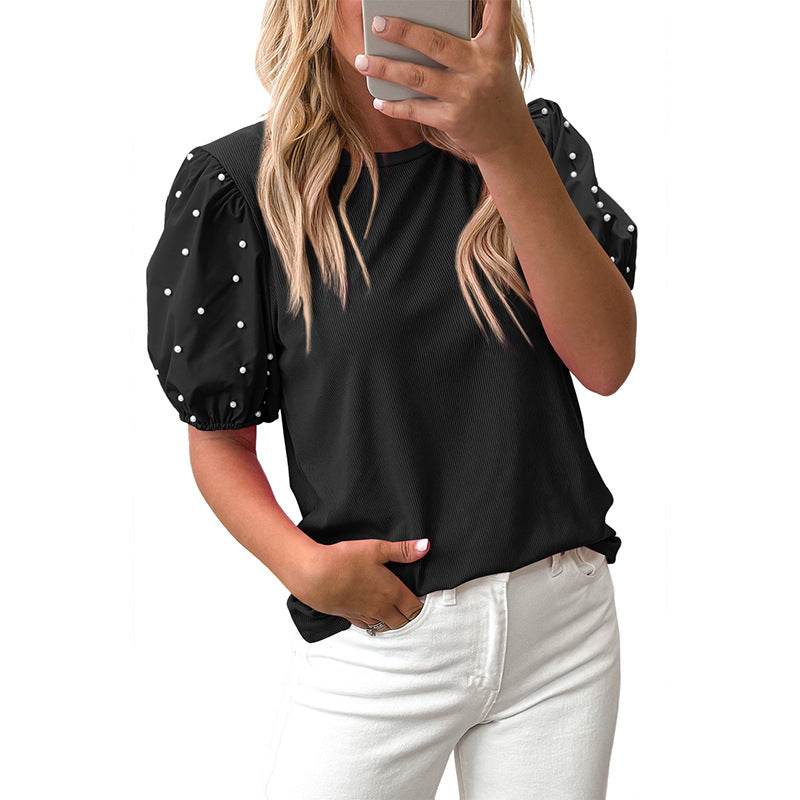 Solid Color Round Neck Pullover for Women - Casual Beaded Style - Buy Center US