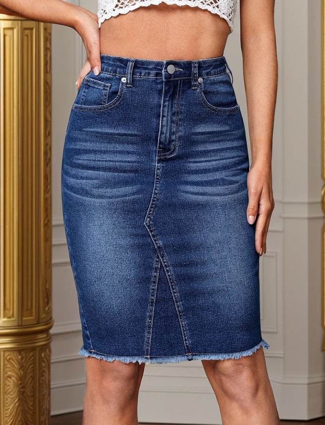 Casual High Waist Slimming Denim Skirt - Stretchy Slim Fit with Slit - Buy Center US