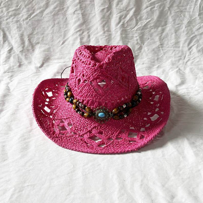 Handmade Gem Aster Straw Hat - Summer Sun Protection, Conical Crown - Buy Center US
