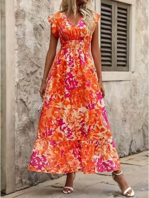 Elegant Floral Print Sleeveless Dress - European American Summer Vacation Style - Buy Center US