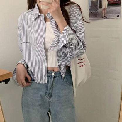 Vertical Striped Embroidery Shirt - Loose Fit in Blue & White Stripe - Buy Center US