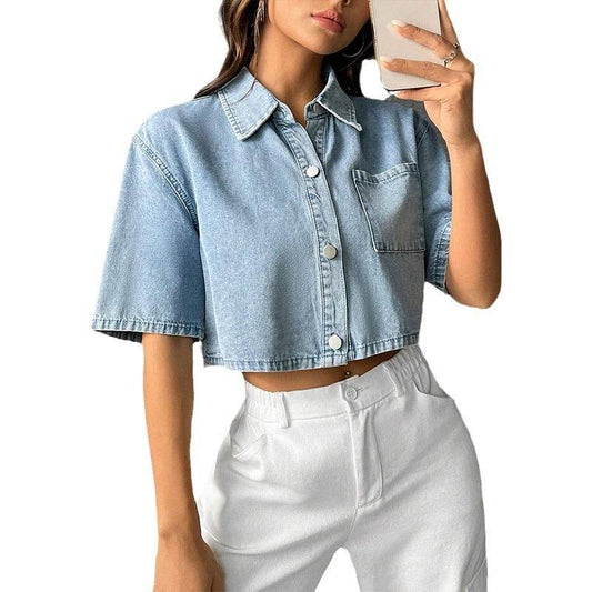 Fashion Thin Denim Waistcoat Shirt - Light Blue Short Sleeve for Commuting - Buy Center US