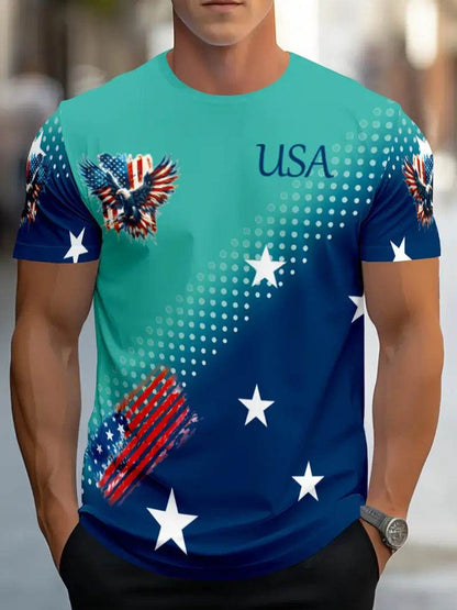Men's Summer Color Contrast Round Neck T-Shirt - Short Sleeve Polyester - Buy Center US