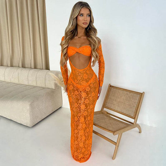 Summer Solid Color Hollow Dress - High-Waisted, Long Sleeve, Stylish - Buy Center US