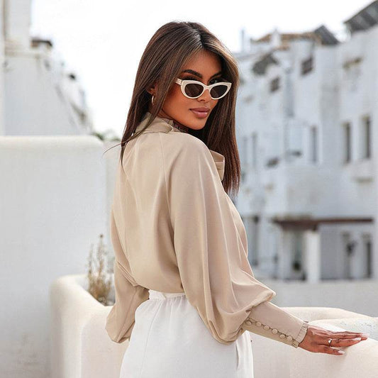 Shiying Women's Elegant Pullover - Khaki Bow Ribbon Lantern Sleeve - Buy Center US