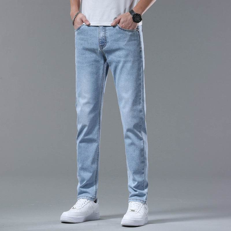 Men's Light Blue Stretch Slim-Fit Trousers - Mid Waist Straight Leg - Buy Center US