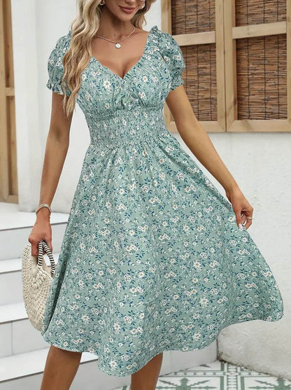 Vintage Floral Puff Sleeve Dress - Elegant A-Line Style in Khaki, Pink, Emerald - Buy Center US