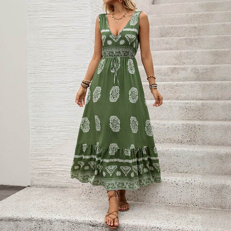 Green Ethnic Style V-Neck Dress for Women - High Waist Casual Fashion - Buy Center US