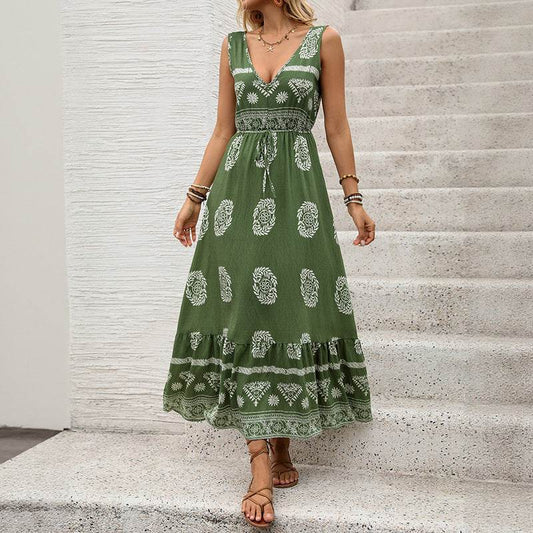 Green Ethnic Style V-Neck Dress for Women - High Waist Casual Fashion - Buy Center US