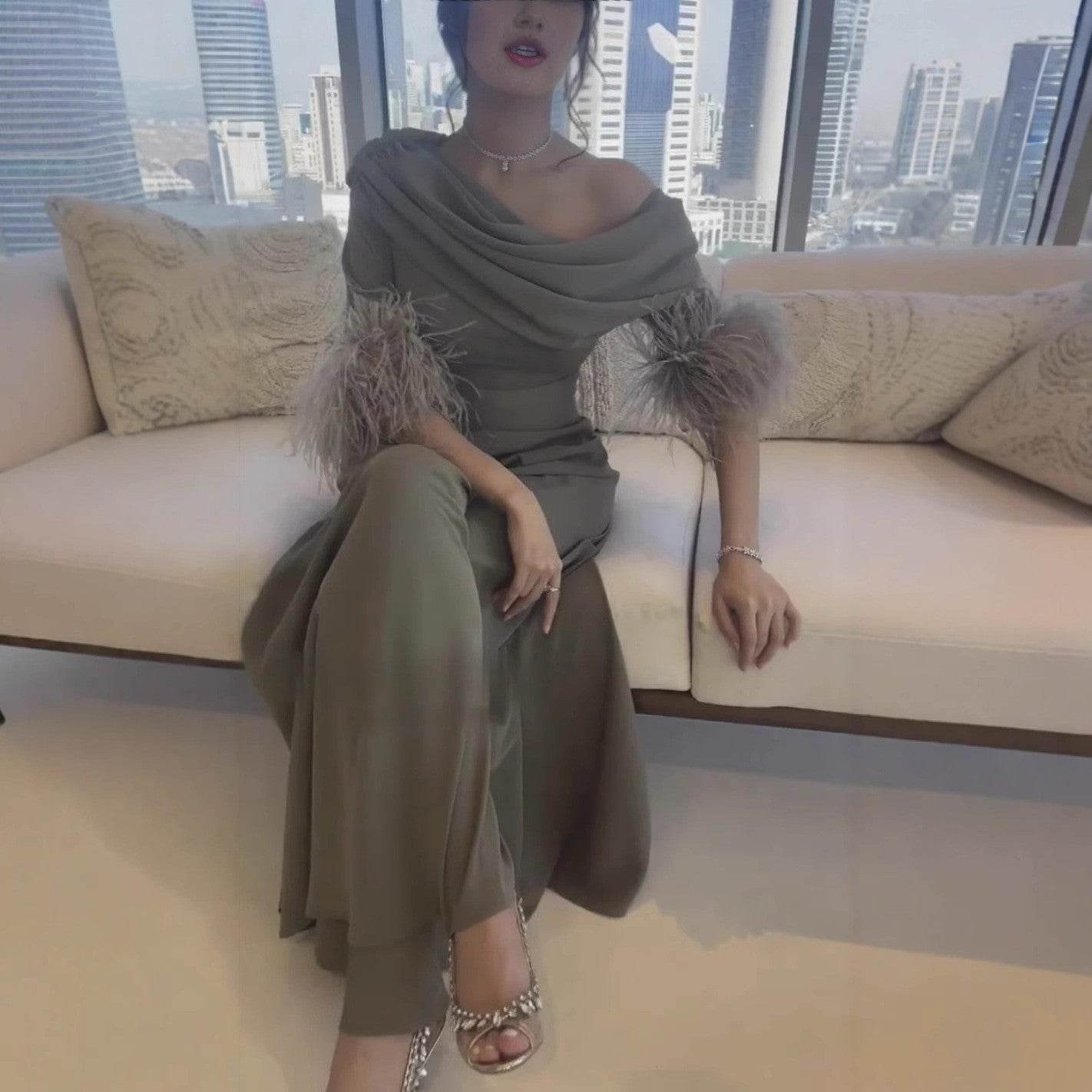 Elegant Feather Stitching Jumpsuit - High Waist in Lotus Root Pink & Gray Green - Buy Center US